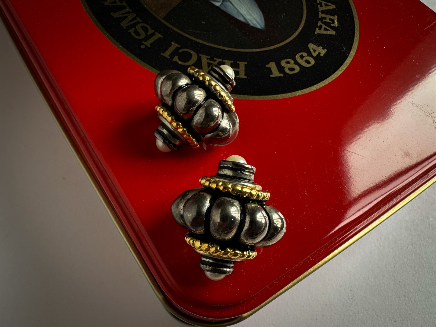 Sculptural Clip-On Earrings – Silver & Gold-Tone with Bead Accents