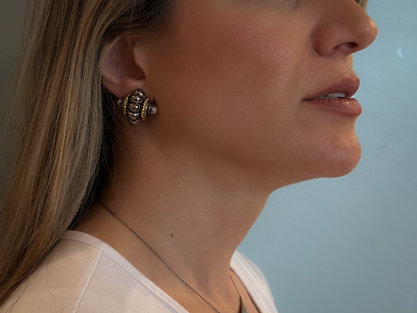 Sculptural Clip-On Earrings – Silver & Gold-Tone with Bead Accents