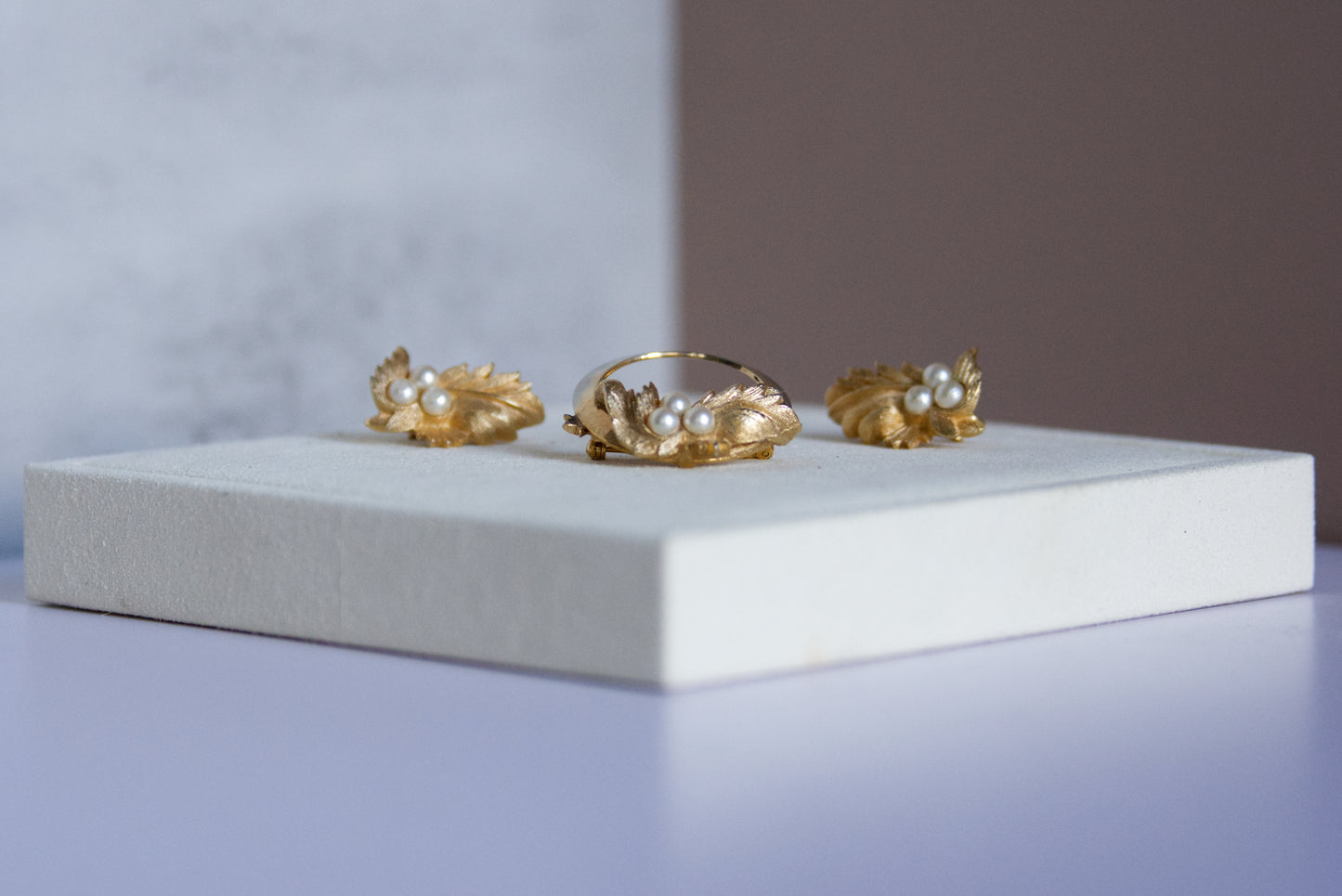 Sarah Coventry “Golden Harvest” Leaf & Pearl Earring and Brooch Set (1960s)