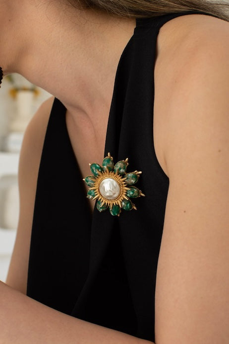Czech Emerald Bloom – Vintage Brooch & Earrings