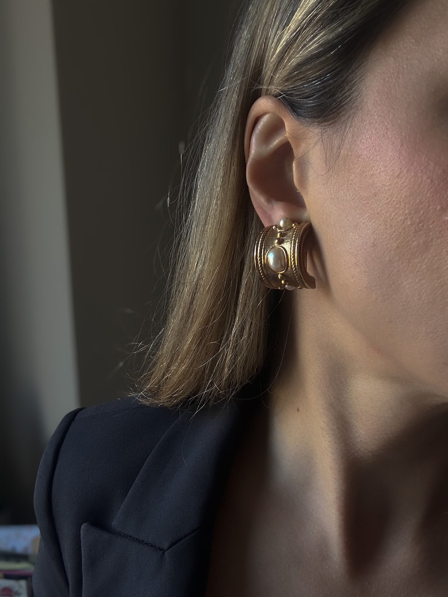 Ornate Gold-Tone Statement Clip-On Earrings with Faux Pearls