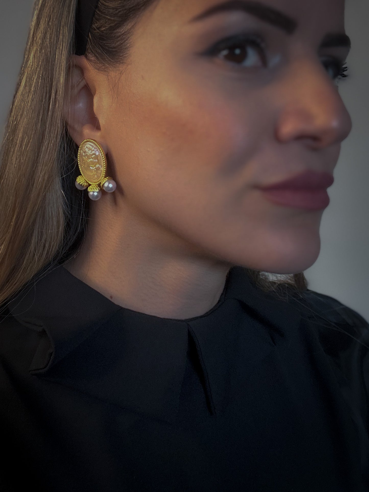 Cameo and Pearl Drop Earrings – Gold-Tone Elegance