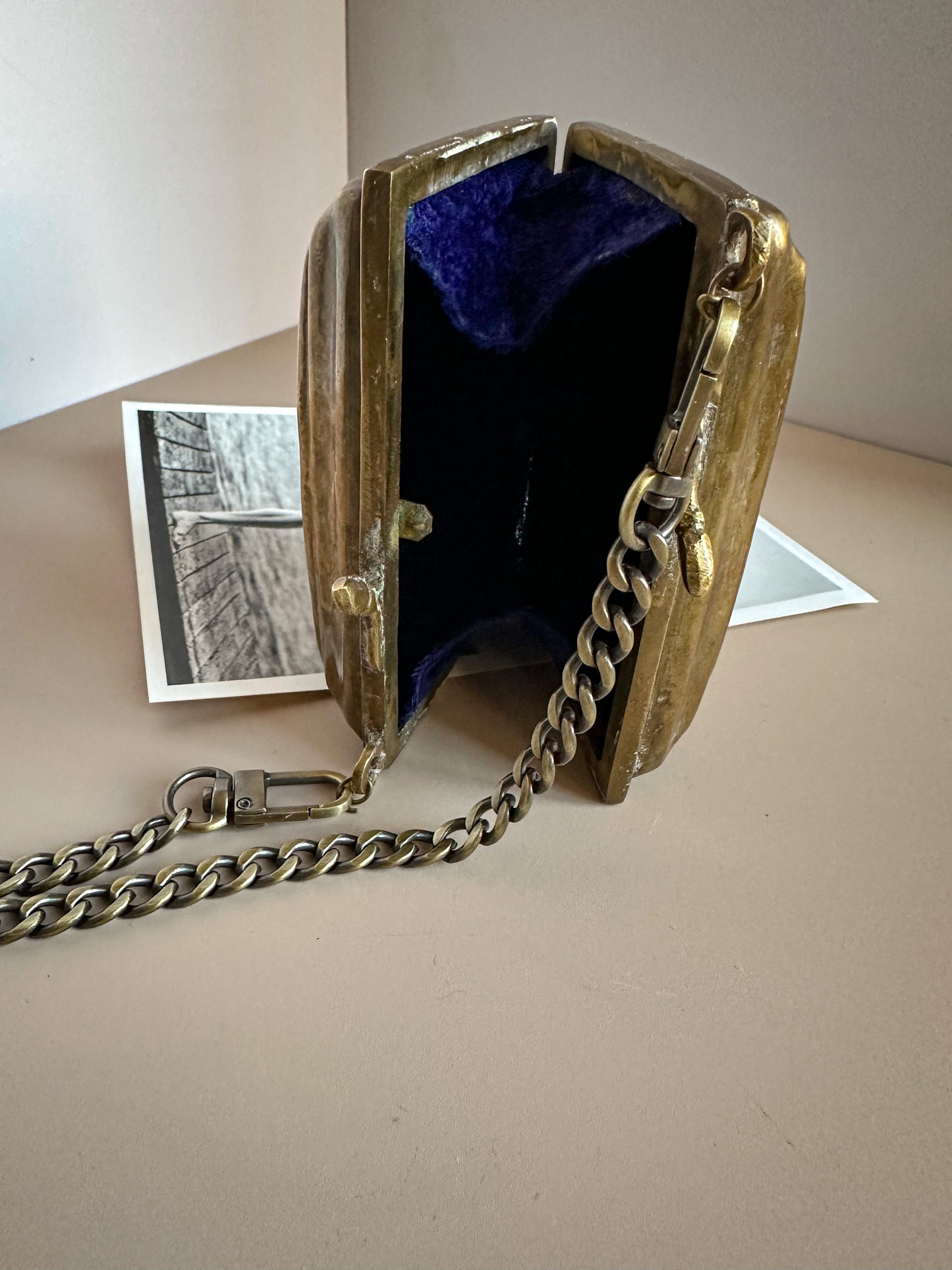 Brass Lion Head Clutch with Chain Strap – Velvet Lined