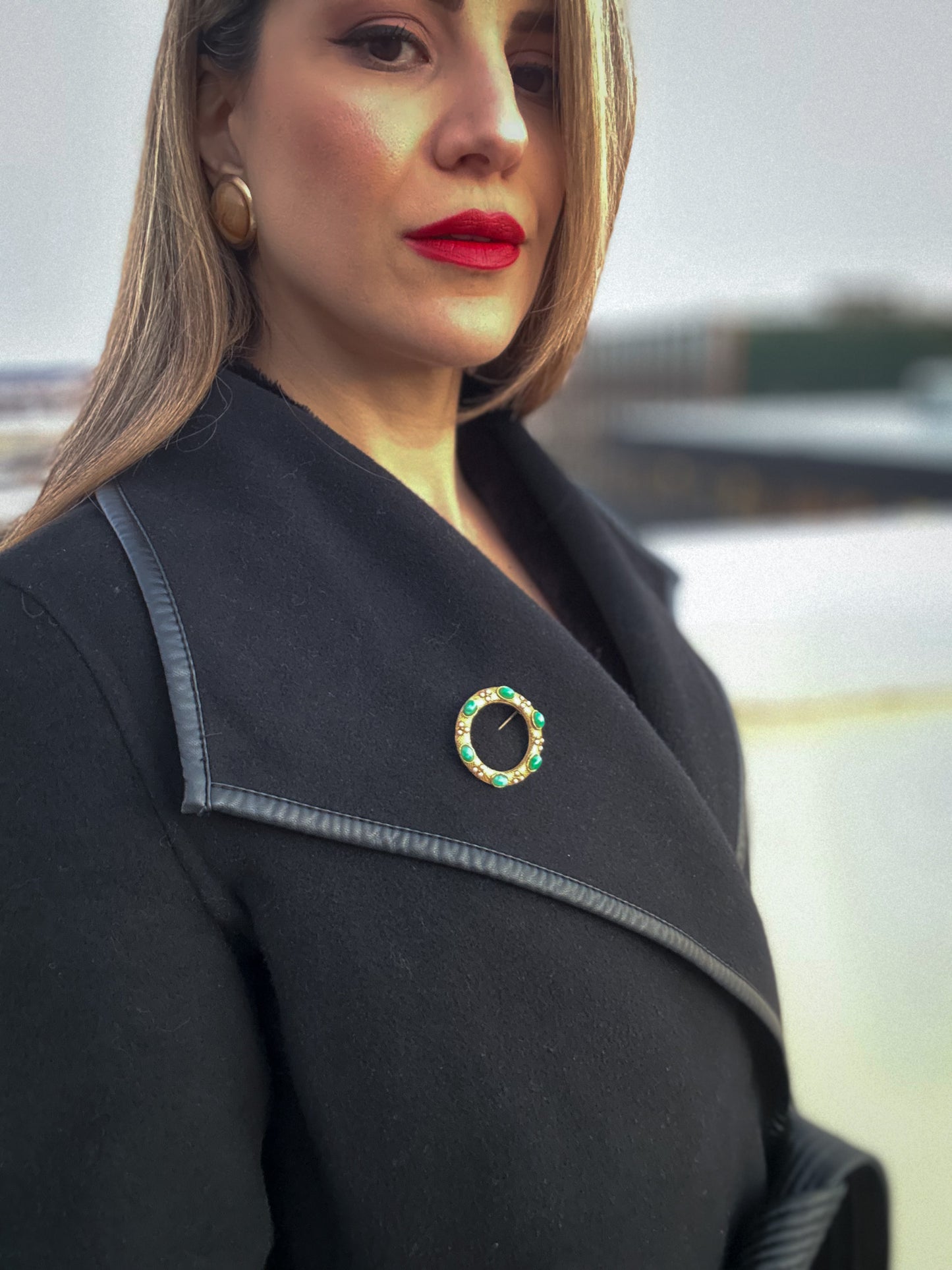 Round Gold Brooch with Green Stone and Seed Pearls