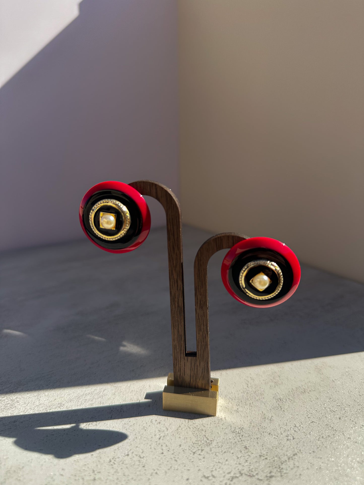 Retro Pop Acrylic Bullseye Earrings – Red, Black & Gold with Faux Pearl Center