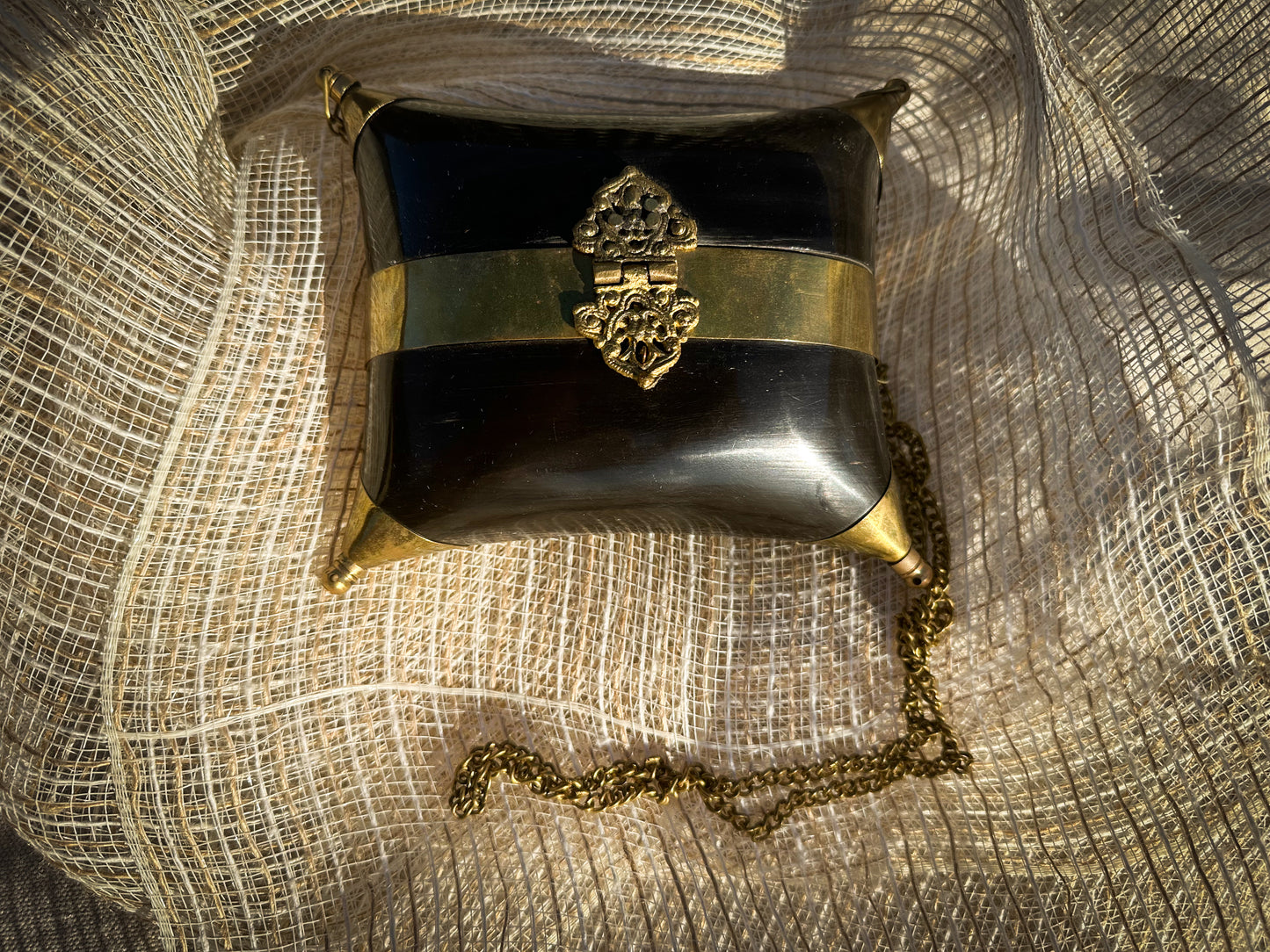 Brass & Horn Clutch Purse with Ornate Clasp and Chain – Velvet Lined