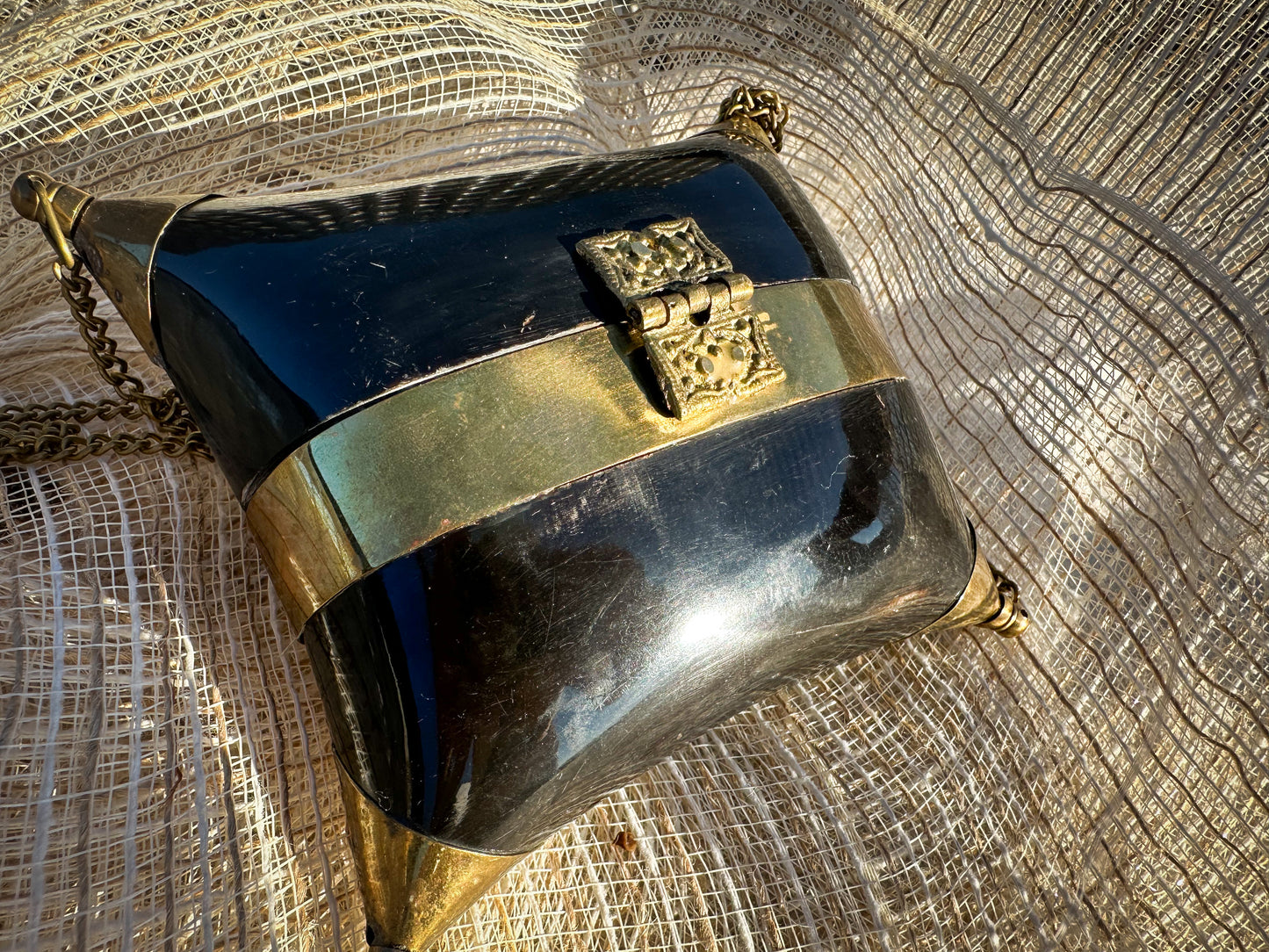 Brass & Horn Clutch Purse with Ornate Clasp and Chain – Velvet Lined