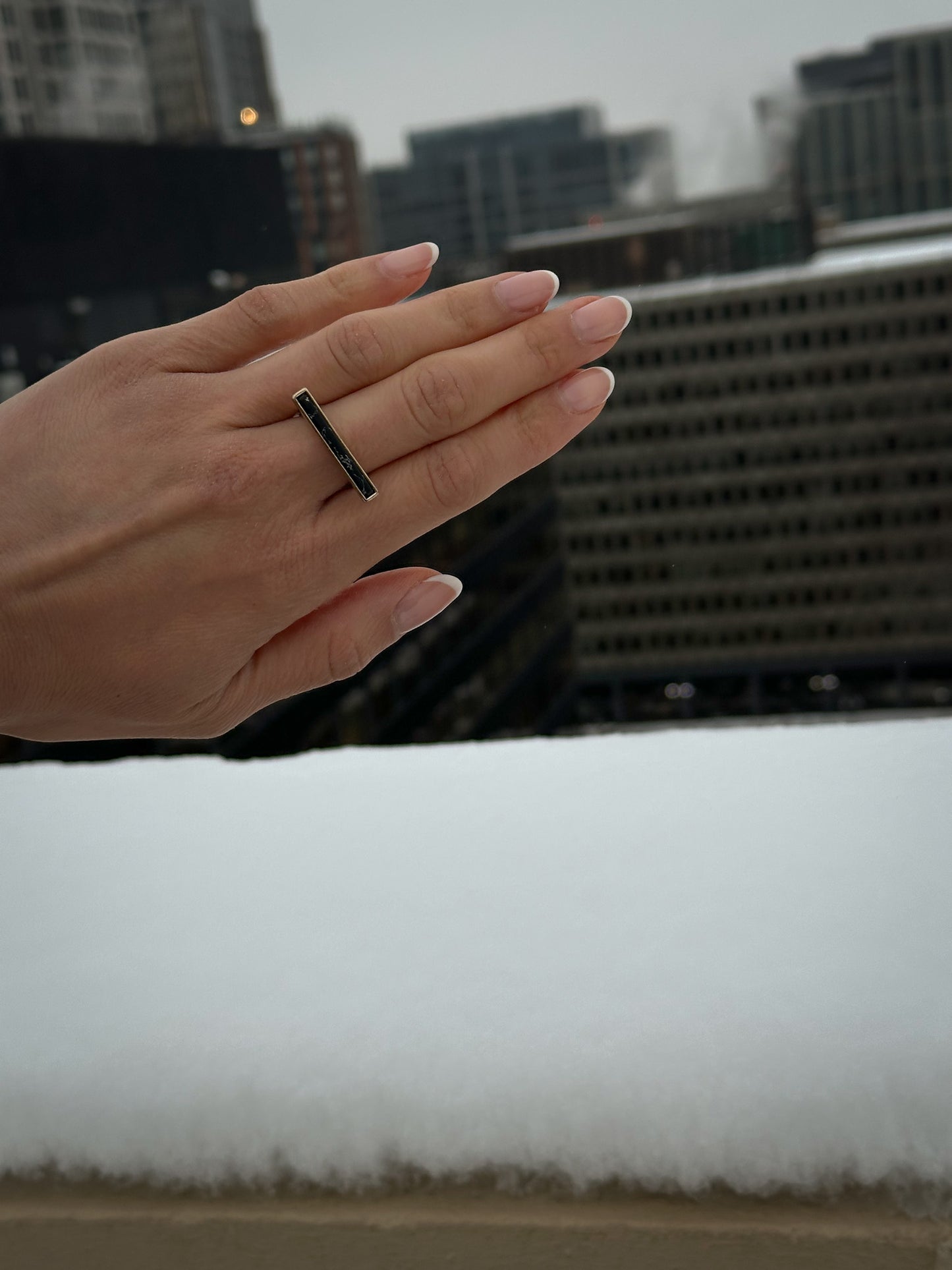 Rectangle Bar Black Silver Ring