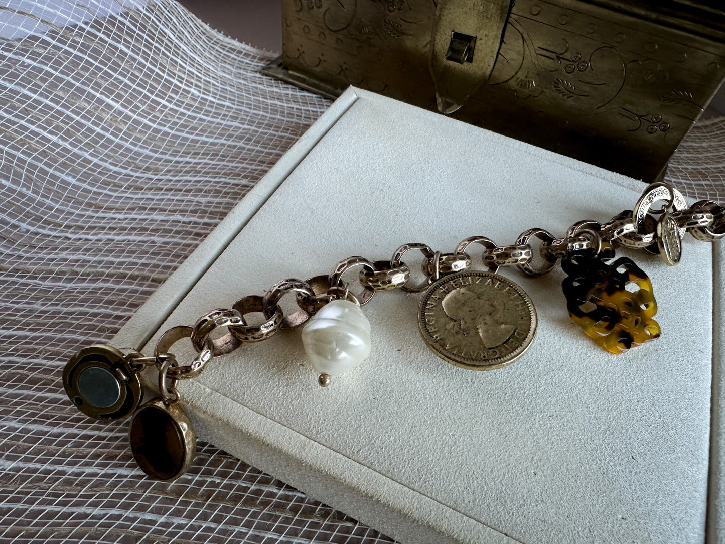 1960s Victorian Revival Matte Gold Brass Charm Bracelet with Tortoiseshell & Coin Accents