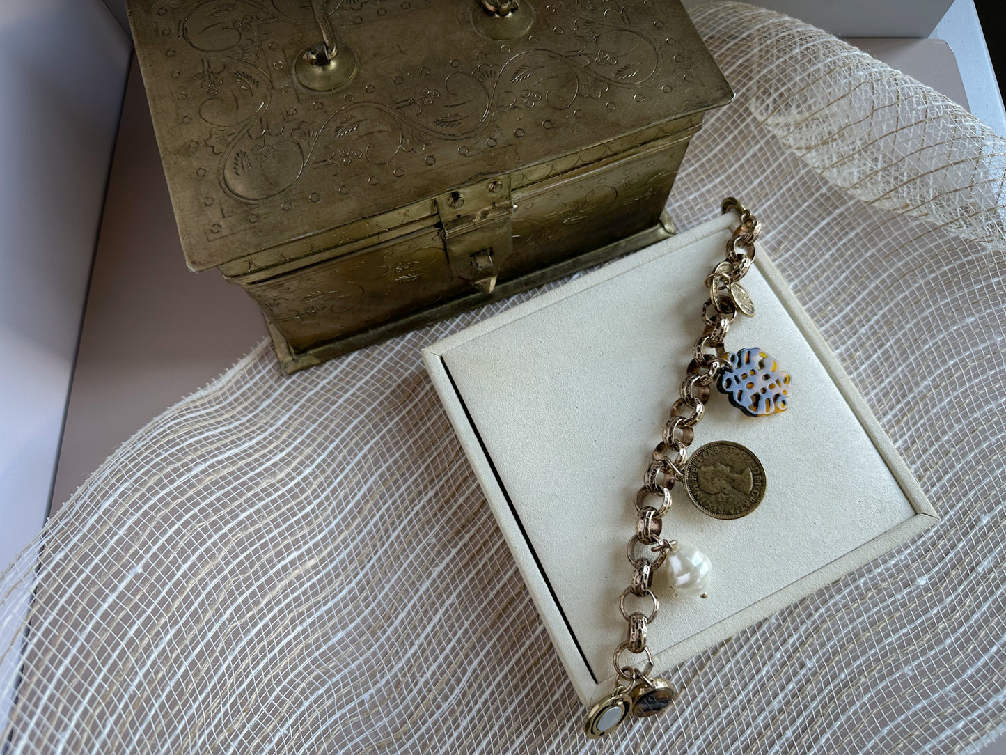 1960s Victorian Revival Matte Gold Brass Charm Bracelet with Tortoiseshell & Coin Accents
