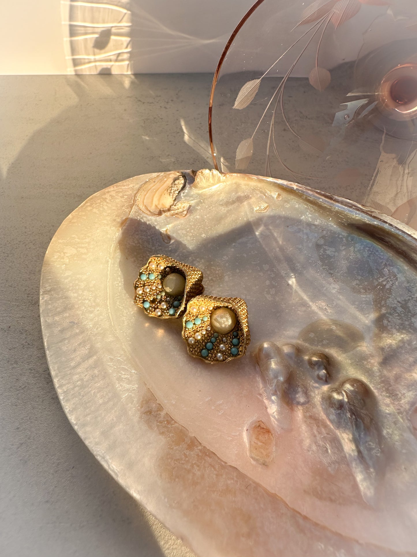 Gilded Shell Clip-On Earrings with Faux Pearls & Turquoise Beads – Beautifully Flawed