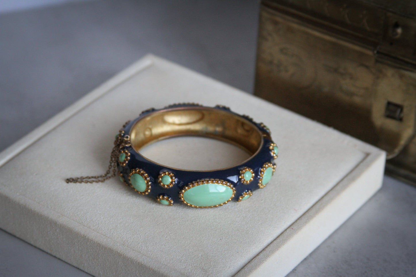 Navy Enamel Bangle with Green Cabochon Stones and Gold Beading