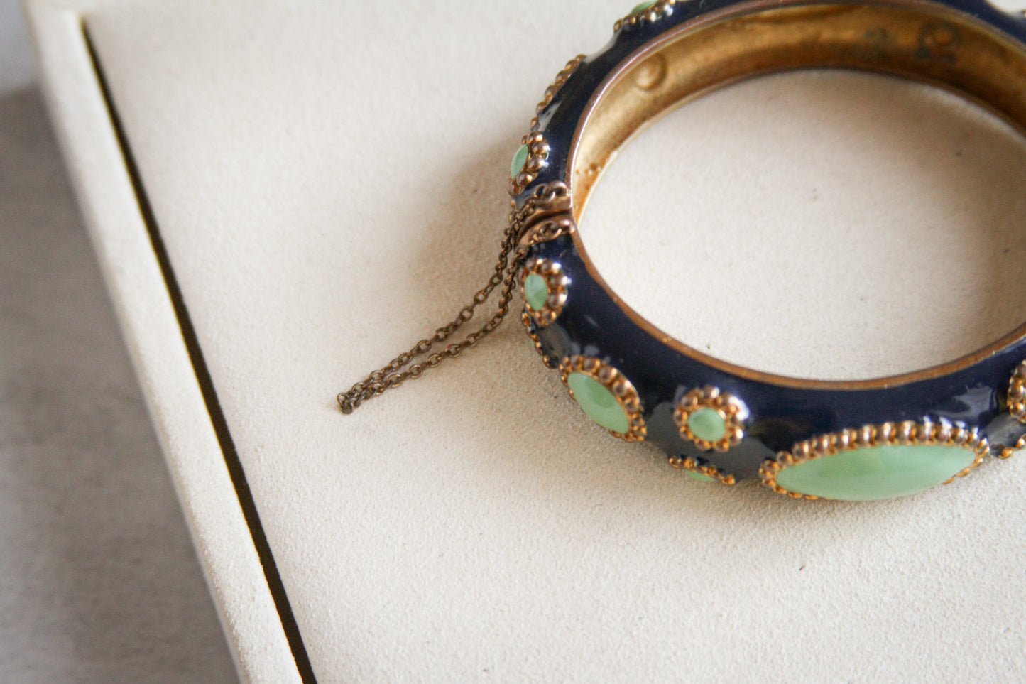 Navy Enamel Bangle with Green Cabochon Stones and Gold Beading