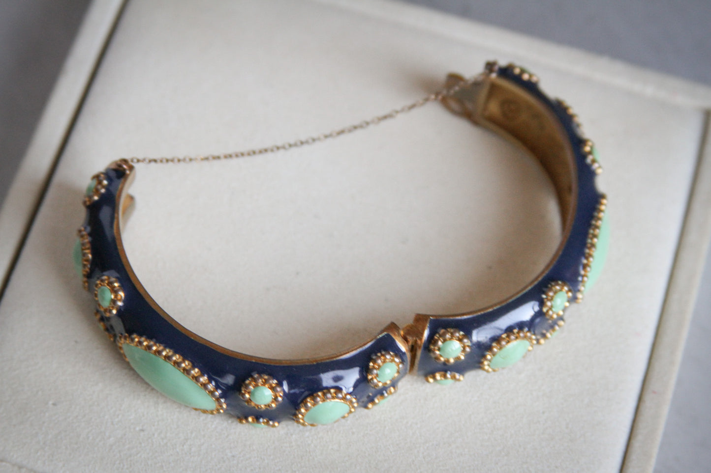 Navy Enamel Bangle with Green Cabochon Stones and Gold Beading