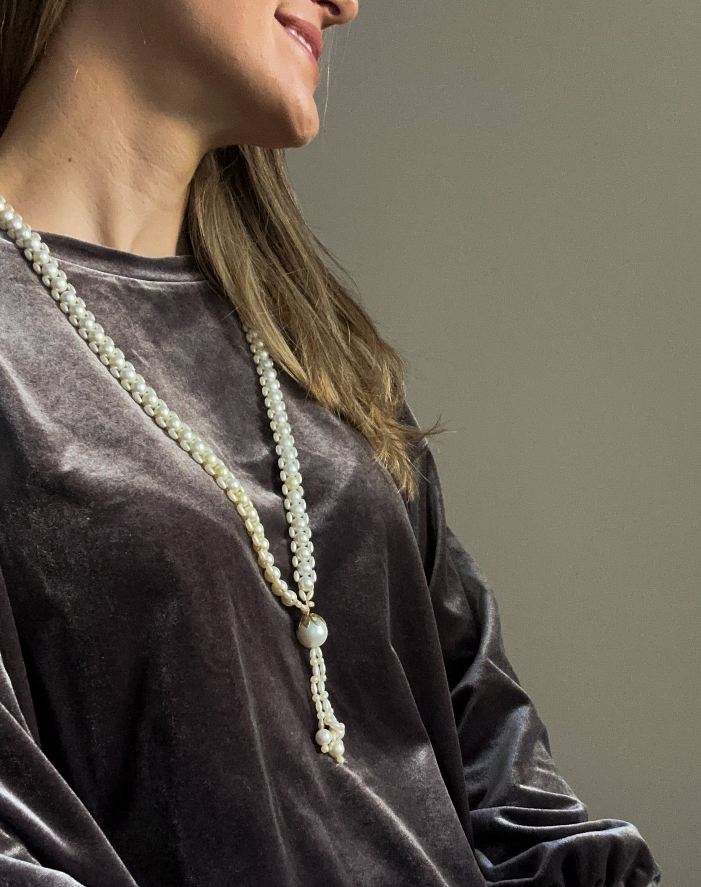 Triple-Strand Faux Pearl Tassel Necklace