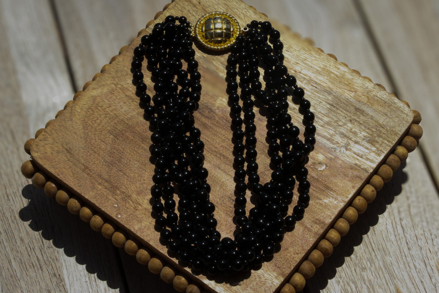 Midnight Glamour Beaded Necklace with Gold Medallion
