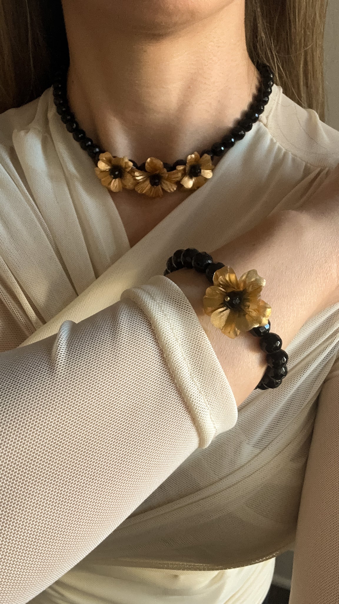 Black Bead Necklace and Bracelet