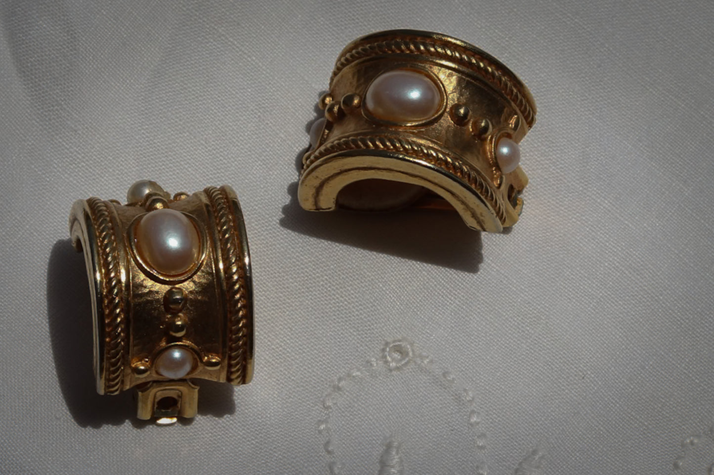 Ornate Gold-Tone Statement Clip-On Earrings with Faux Pearls