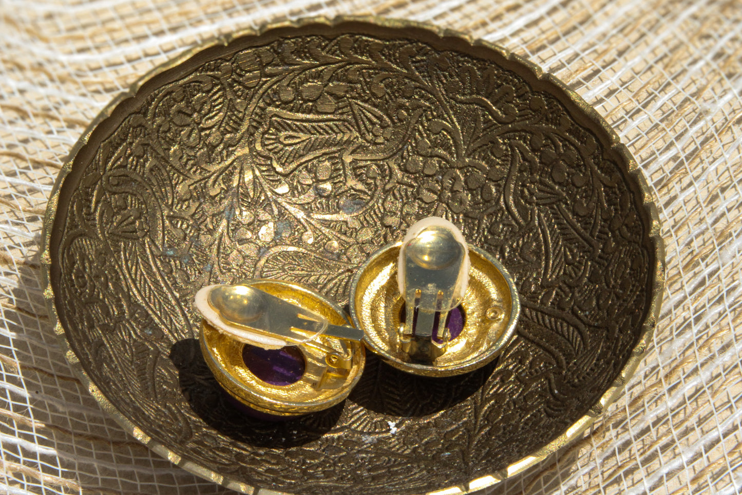 Regal Purple Cabochon Clip-On Earrings – Gold Tone