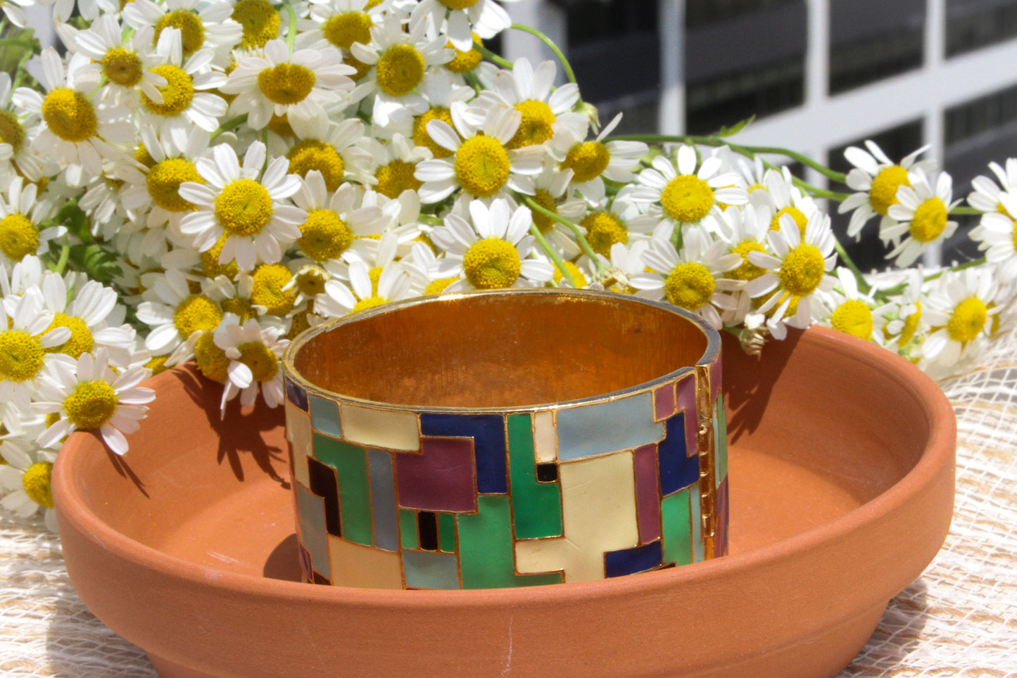 Colorblock Geometric Enamel Hinged Bangle – 1980s Statement Bracelet