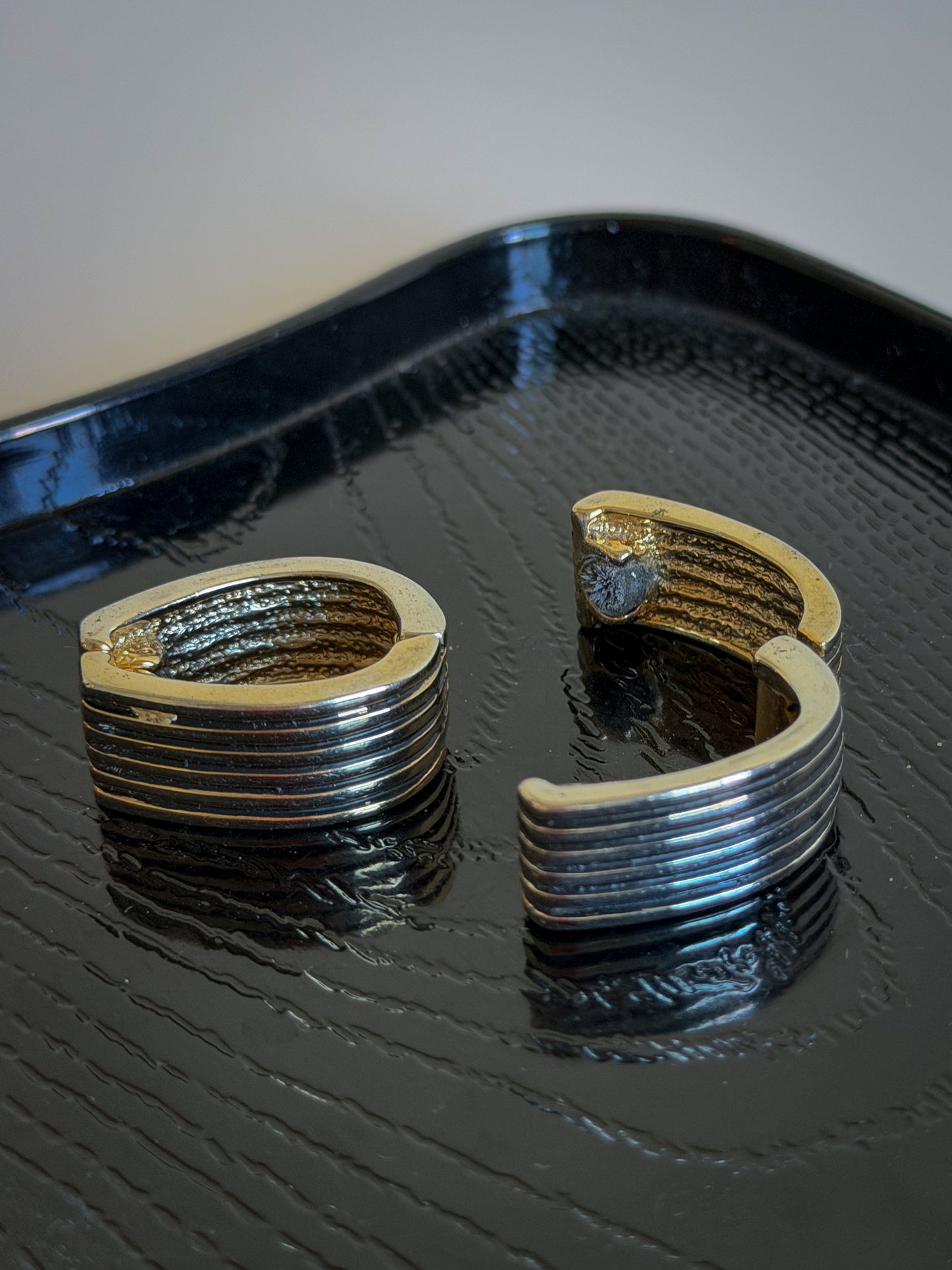 Ribbed Gold & Silver-Tone Clasp Earrings | Mid-Century Modern Sculptural Clip Ons