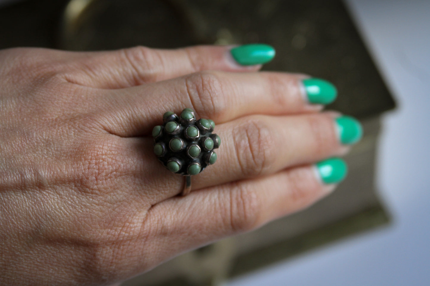 Brutalist 925 Sterling Silver Ring with Green Enamel Dome – Adjustable Size