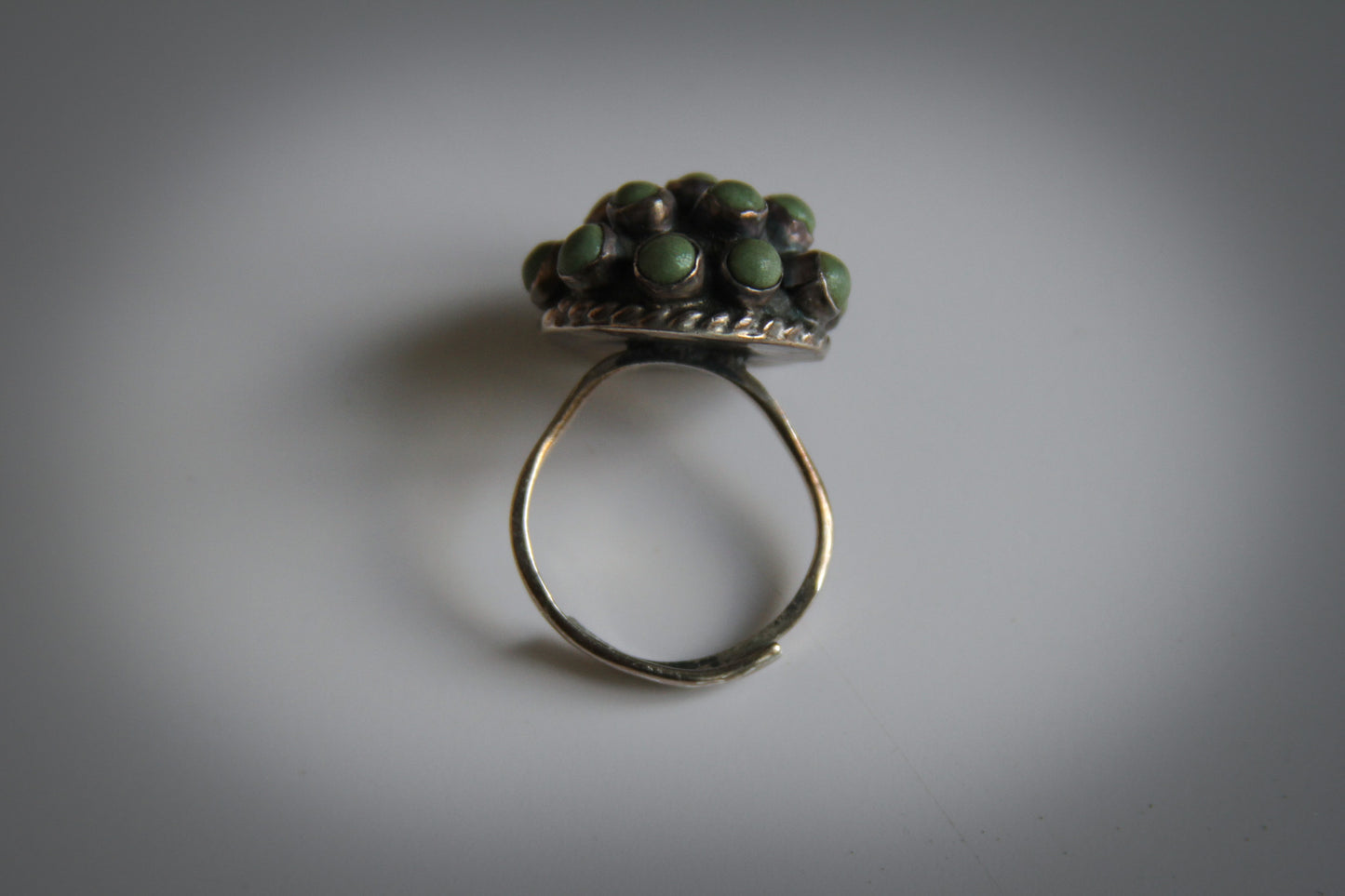 Brutalist 925 Sterling Silver Ring with Green Enamel Dome – Adjustable Size