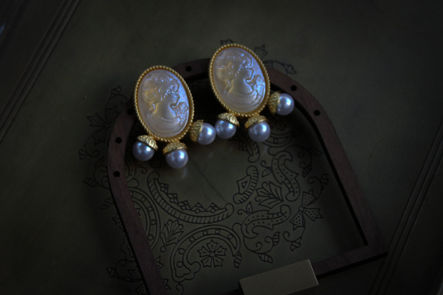 Cameo and Pearl Drop Earrings – Gold-Tone Elegance