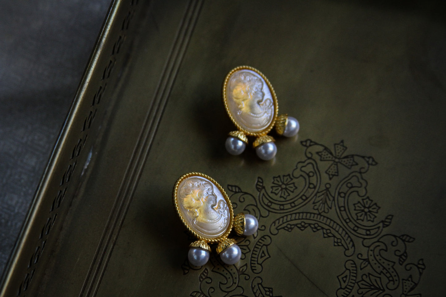 Cameo and Pearl Drop Earrings – Gold-Tone Elegance