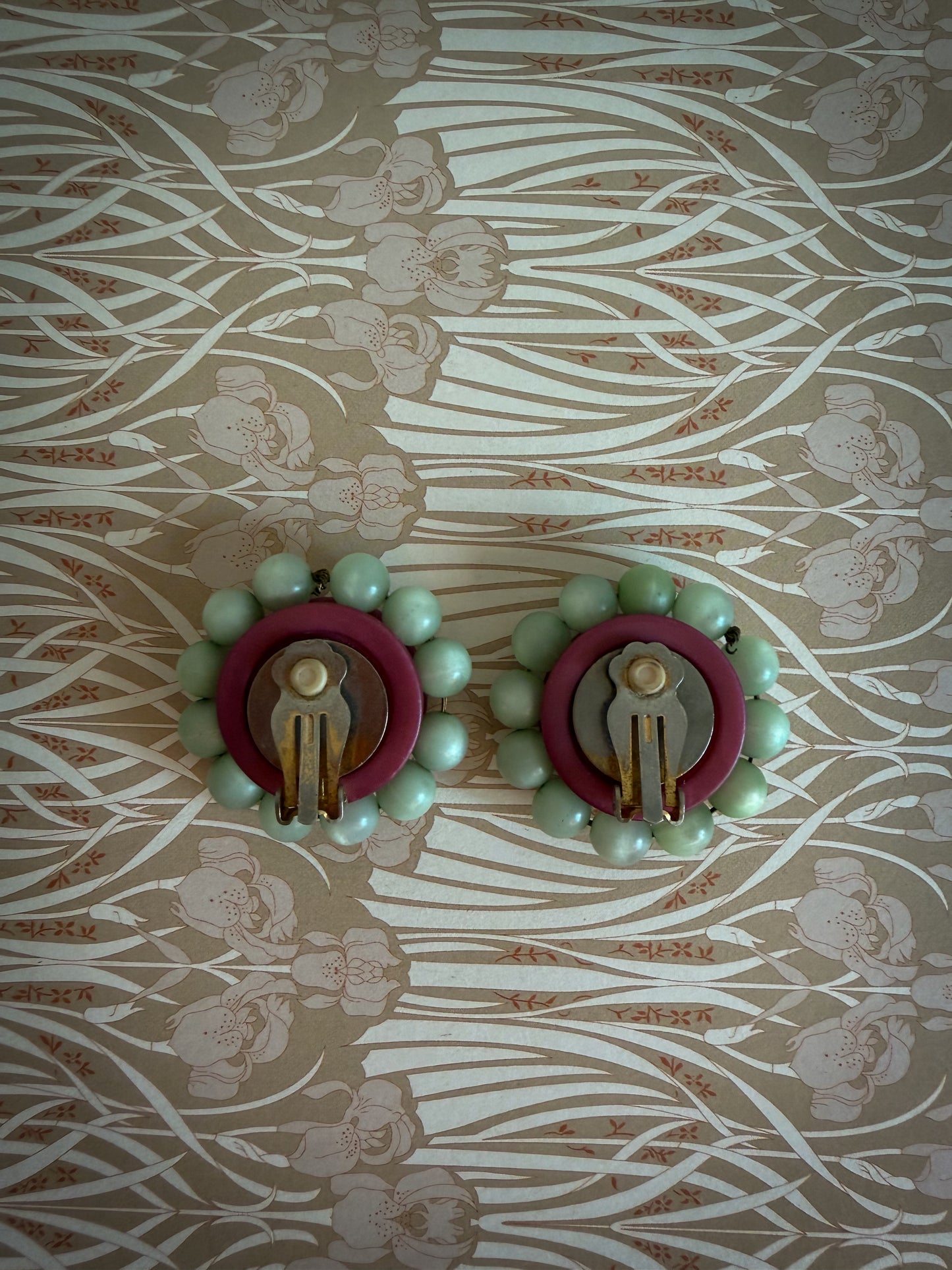 1960s Floral Clip-On Earrings | Coral Red & Mint Green Beaded Statement Earrings
