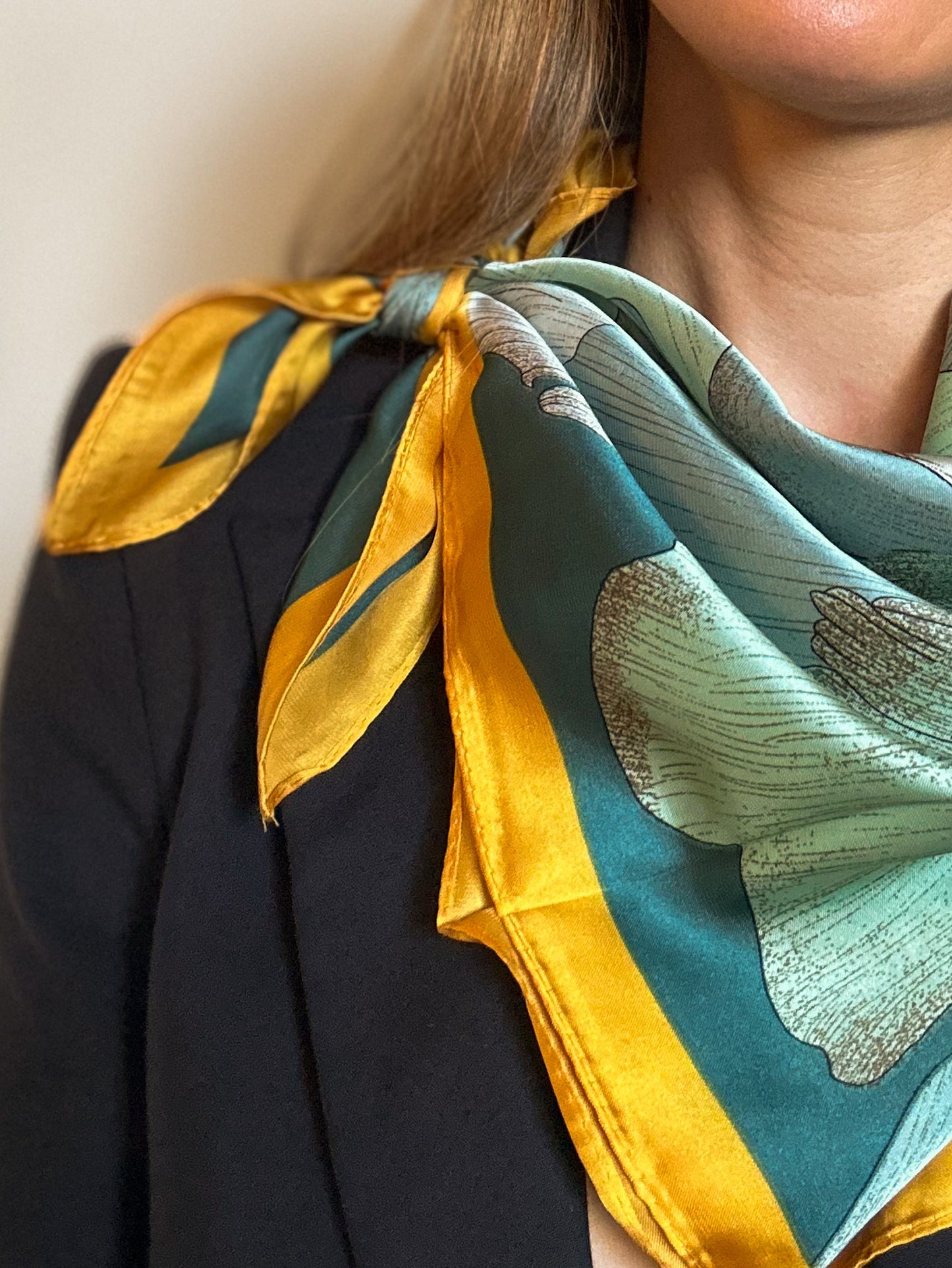 Square Silk Satin Scarf - Green & Yellow