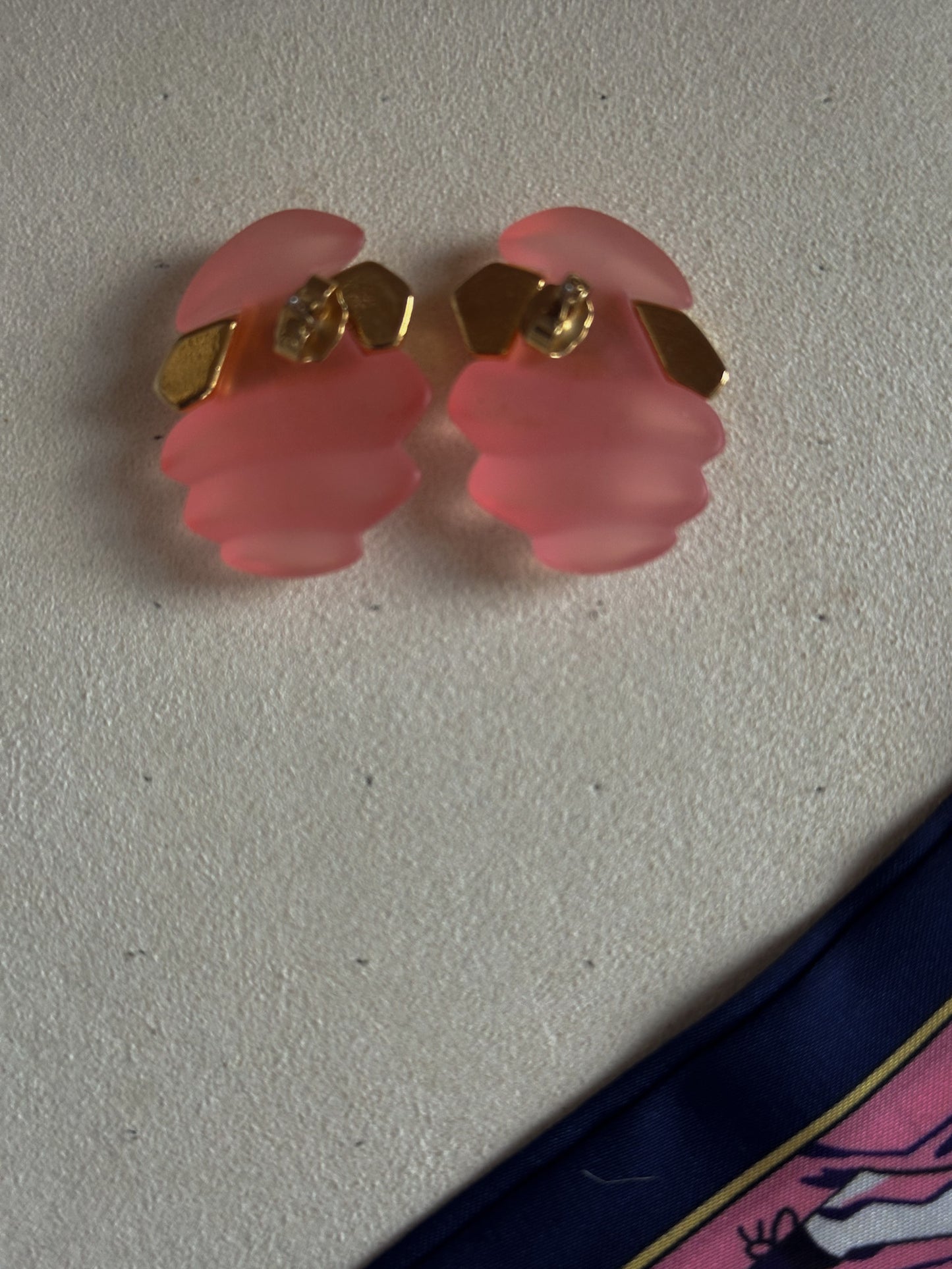 Blush Deco Swirl: 1980s Frosted Pink Clip-On Earrings