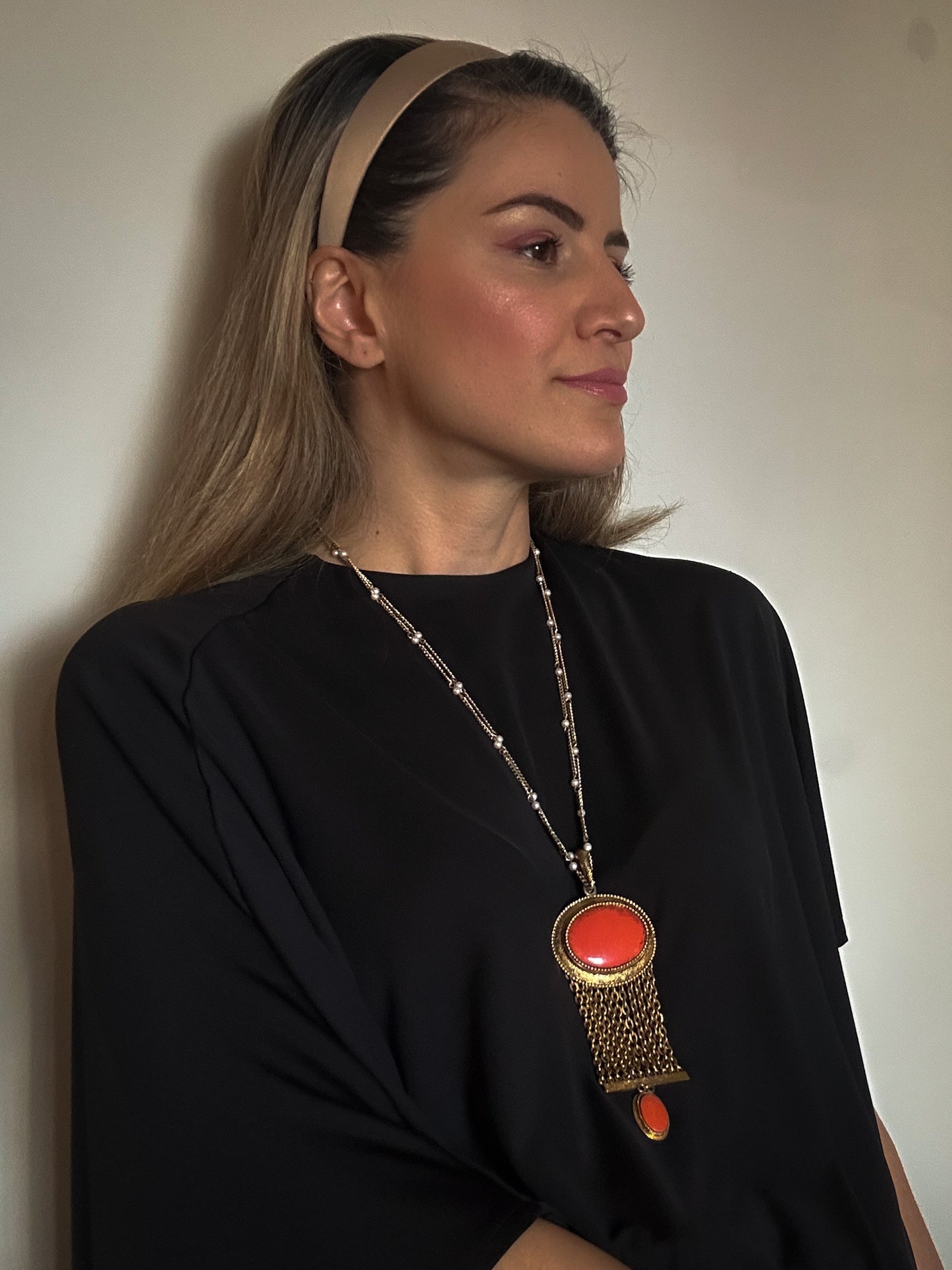 Orange Stone Necklace with Gold Chains