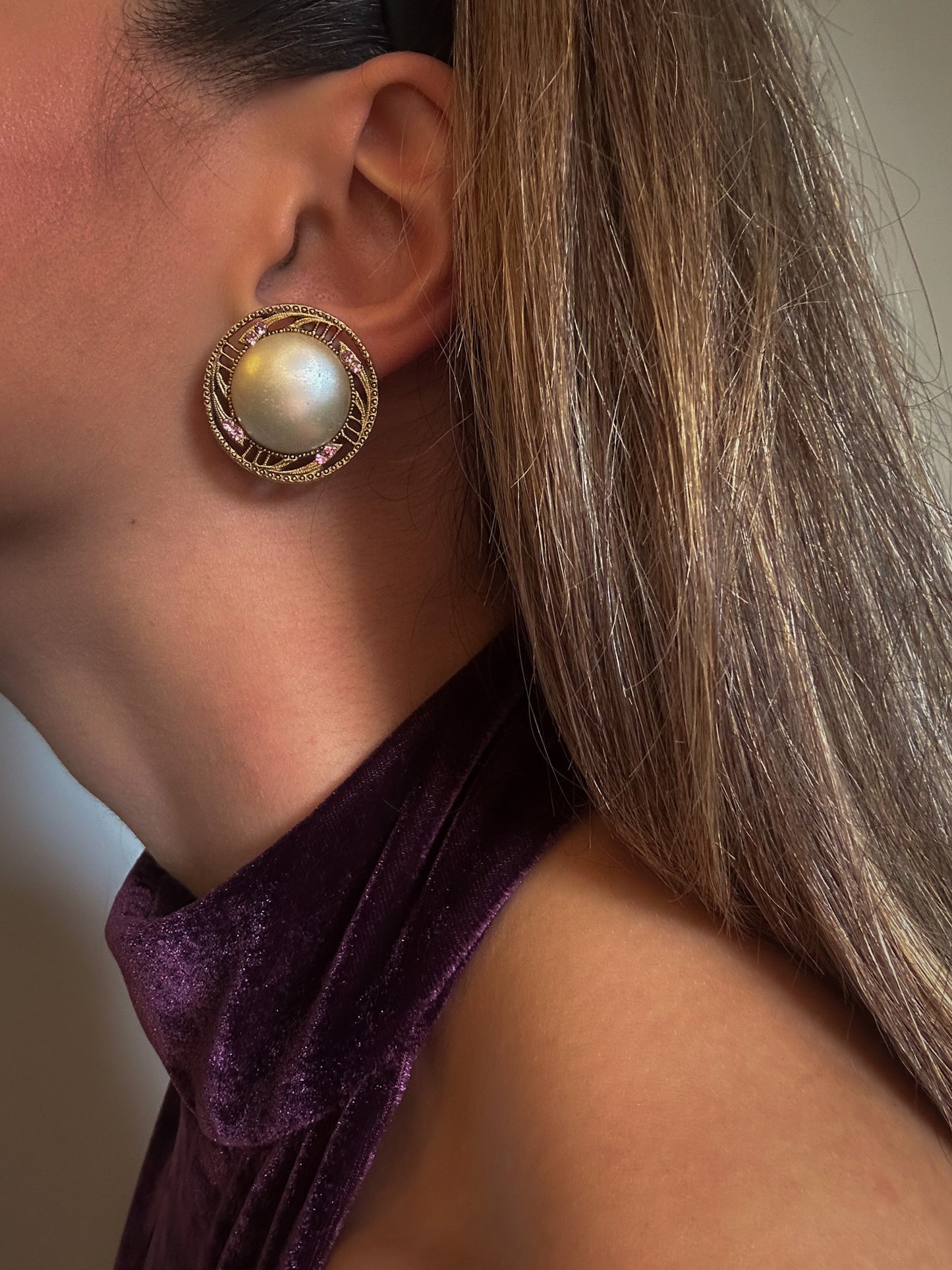 Golden Era Dome Clip-On Earrings with Pink Crystal Accents – 1980s Glam
