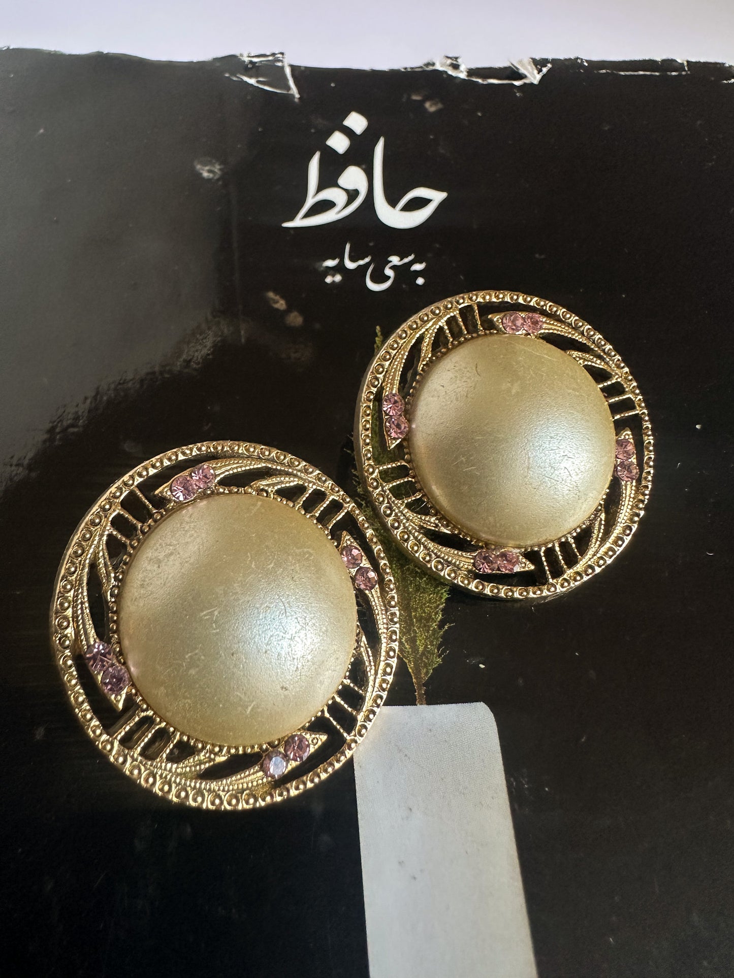 Golden Era Dome Clip-On Earrings with Pink Crystal Accents – 1980s Glam
