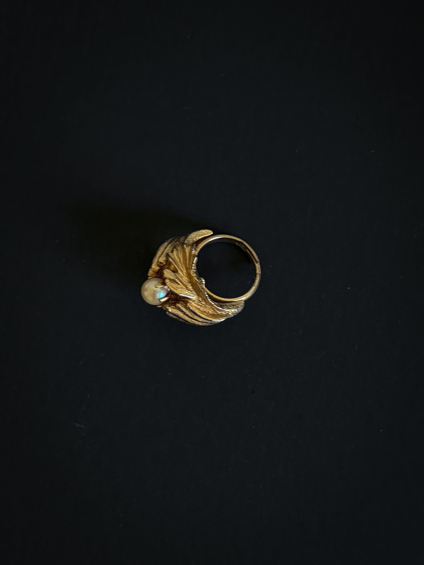 Gold Tone Leaf Ring with Pearl Center – Sculptural Botanical Statement Ring, Adjustable Size 7