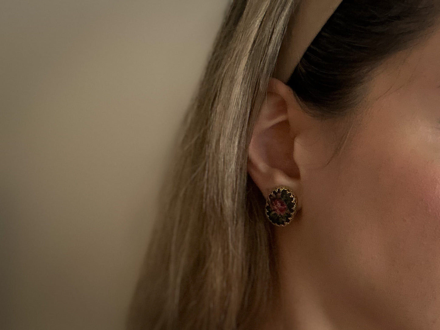 Embroidered Petit Point Rose Earrings