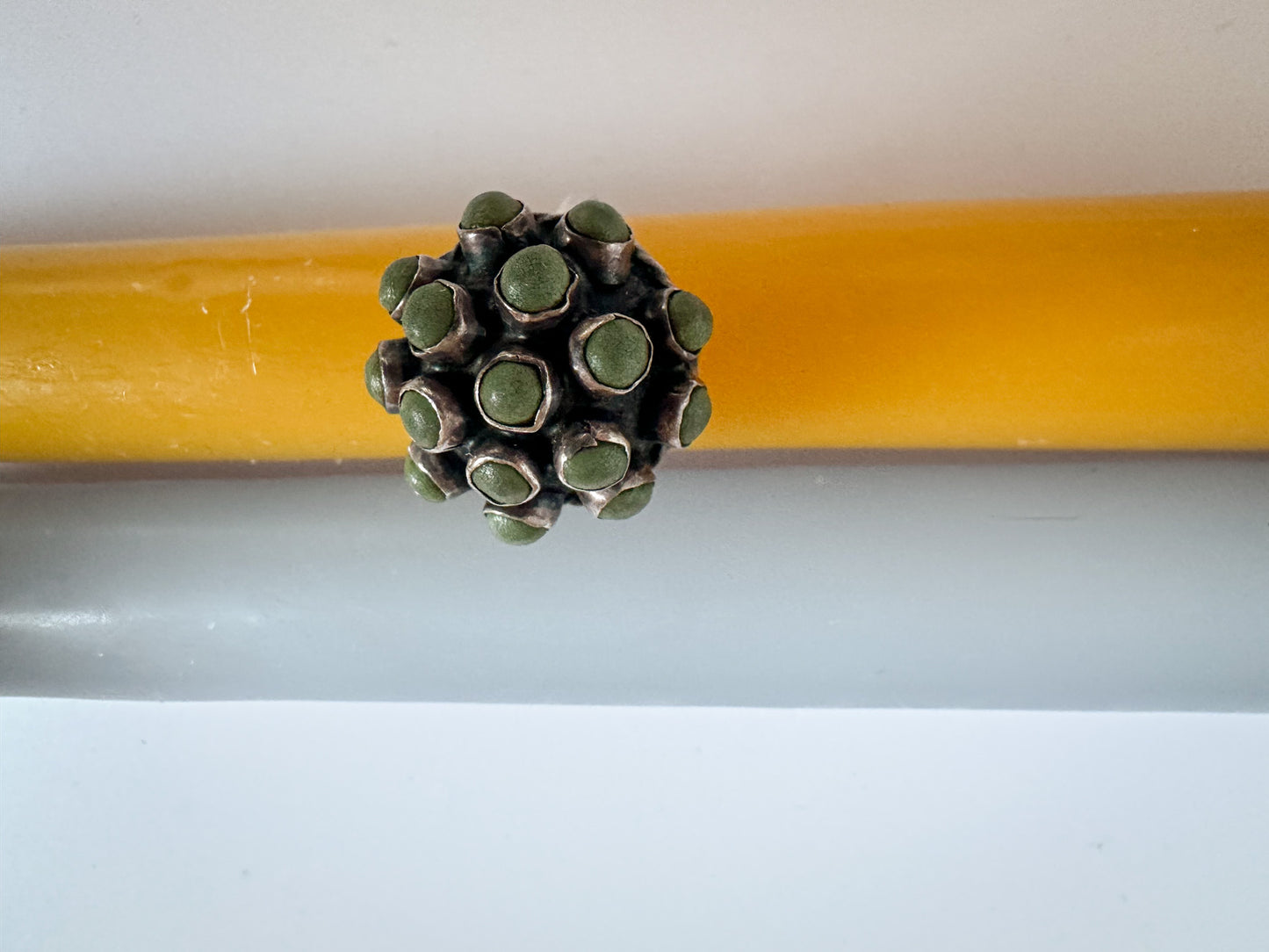 Brutalist 925 Sterling Silver Ring with Green Enamel Dome – Adjustable Size