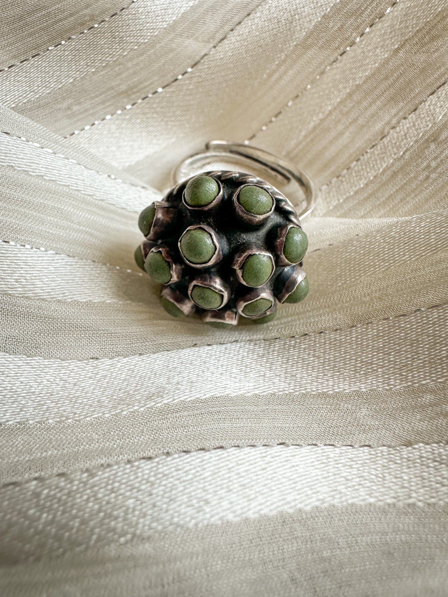 Brutalist 925 Sterling Silver Ring with Green Enamel Dome – Adjustable Size