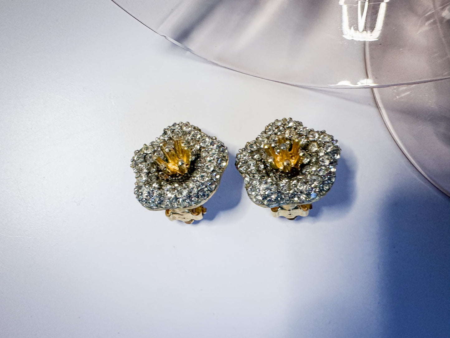 Flower Earrings with Gold Pistil Center and Clear Crystals