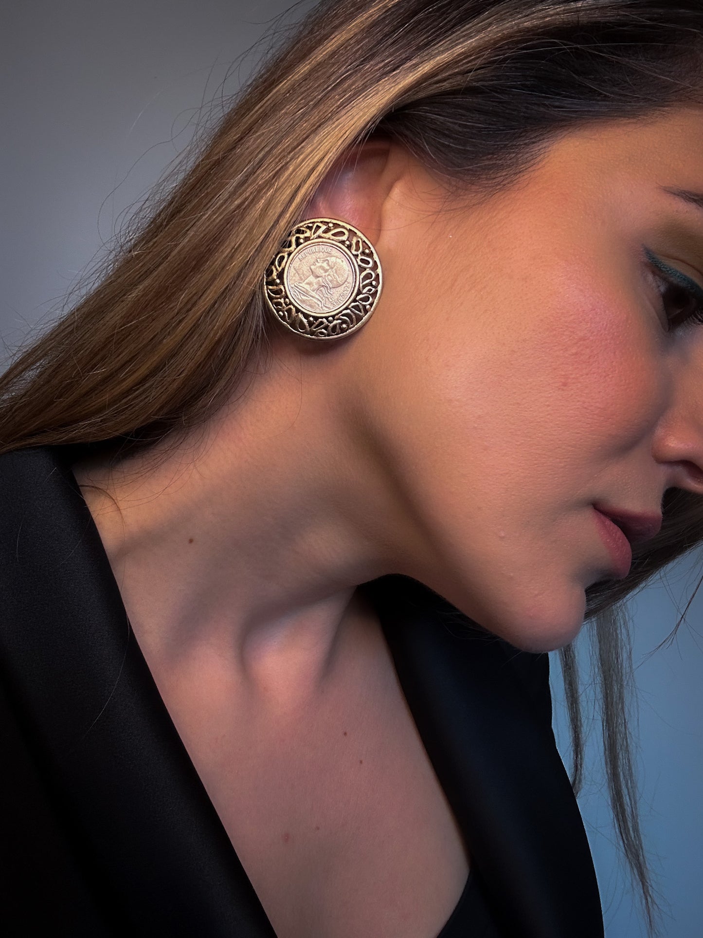 French Coin Clip-On Earrings – Ornate Gold-Tone Filigree