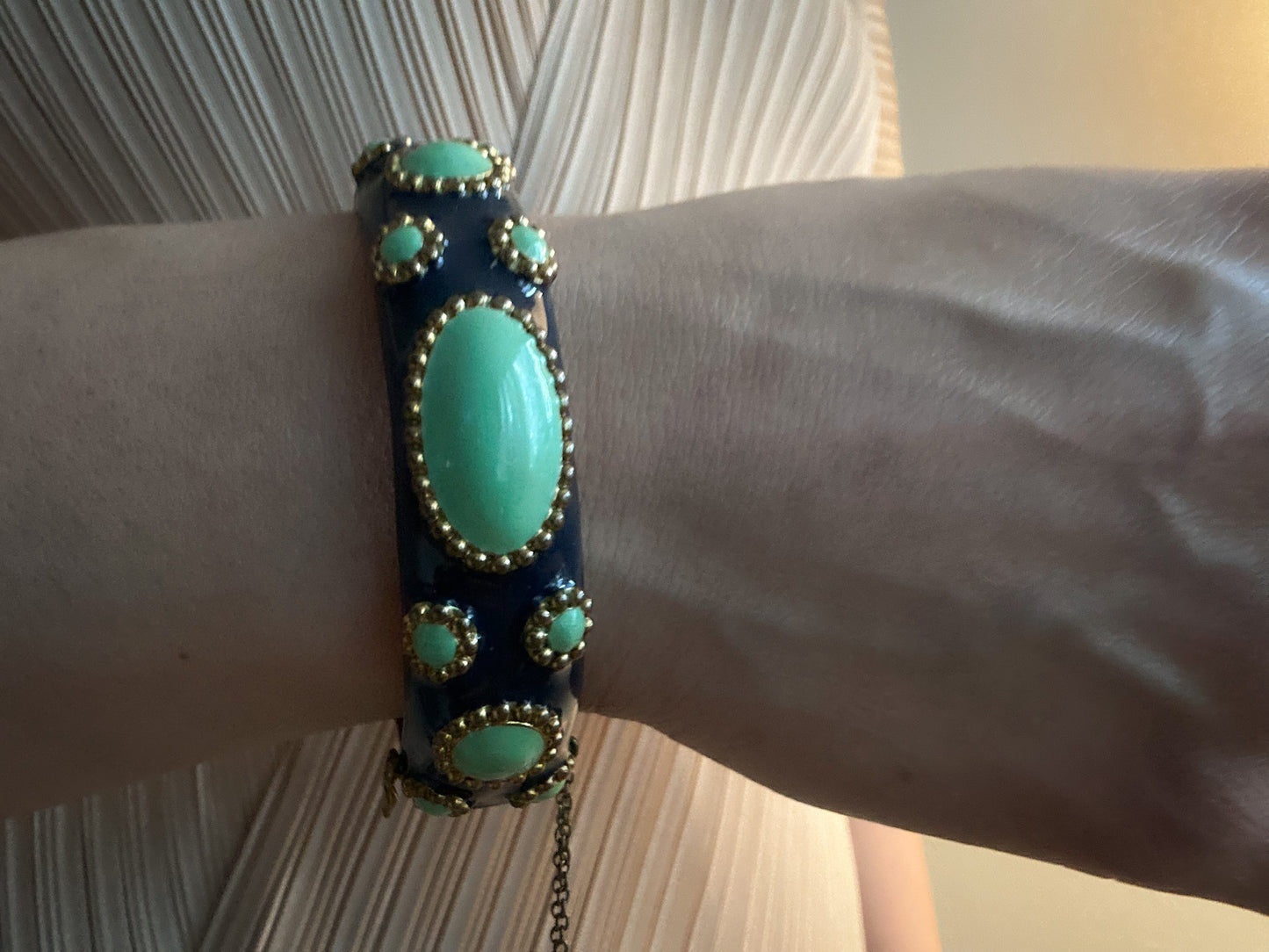 Navy Enamel Bangle with Green Cabochon Stones and Gold Beading
