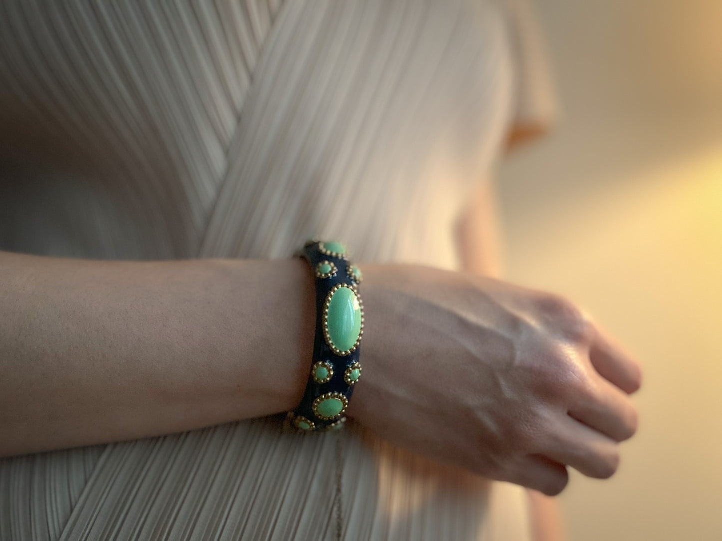 Navy Enamel Bangle with Green Cabochon Stones and Gold Beading
