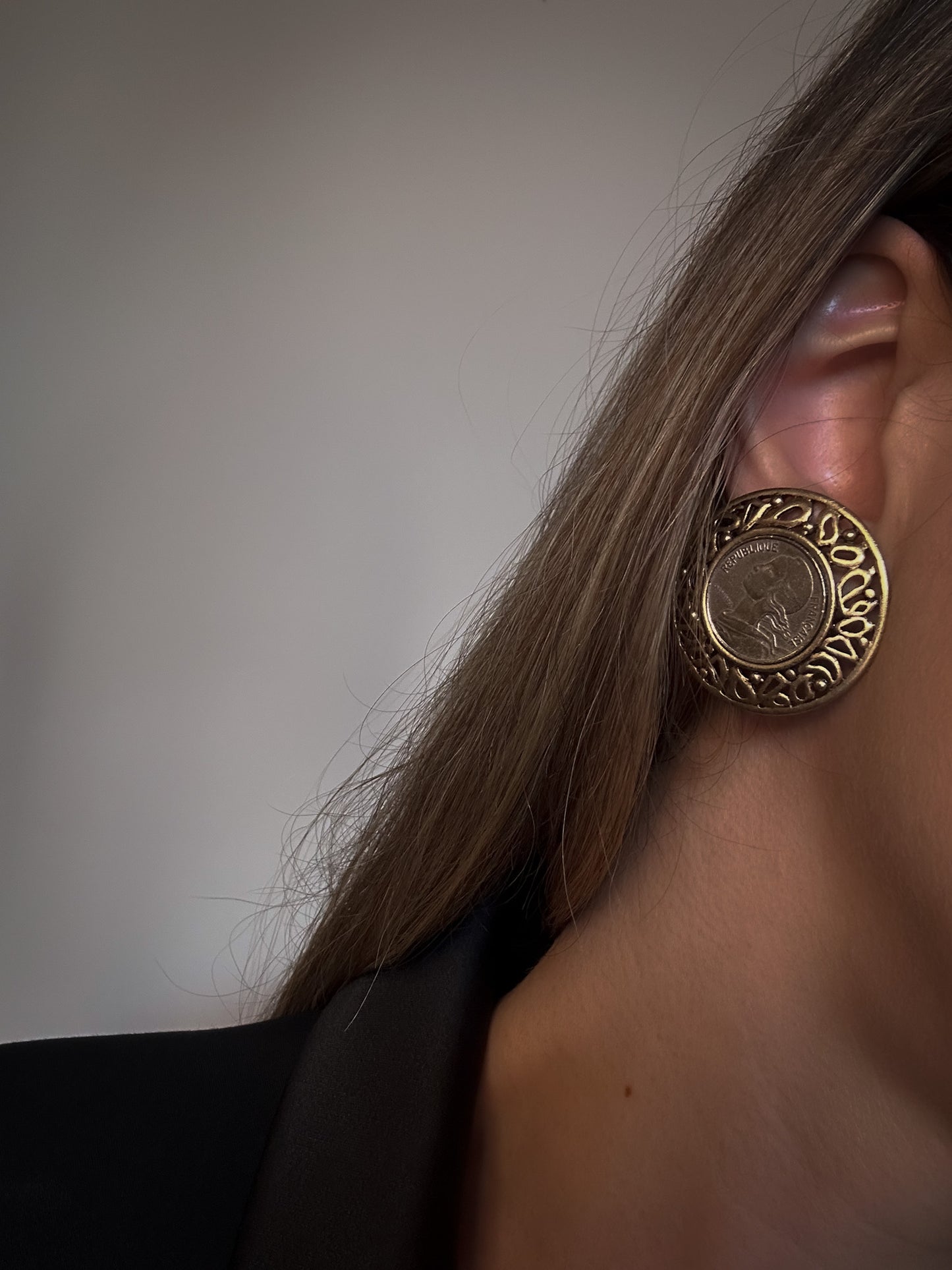 French Coin Clip-On Earrings – Ornate Gold-Tone Filigree