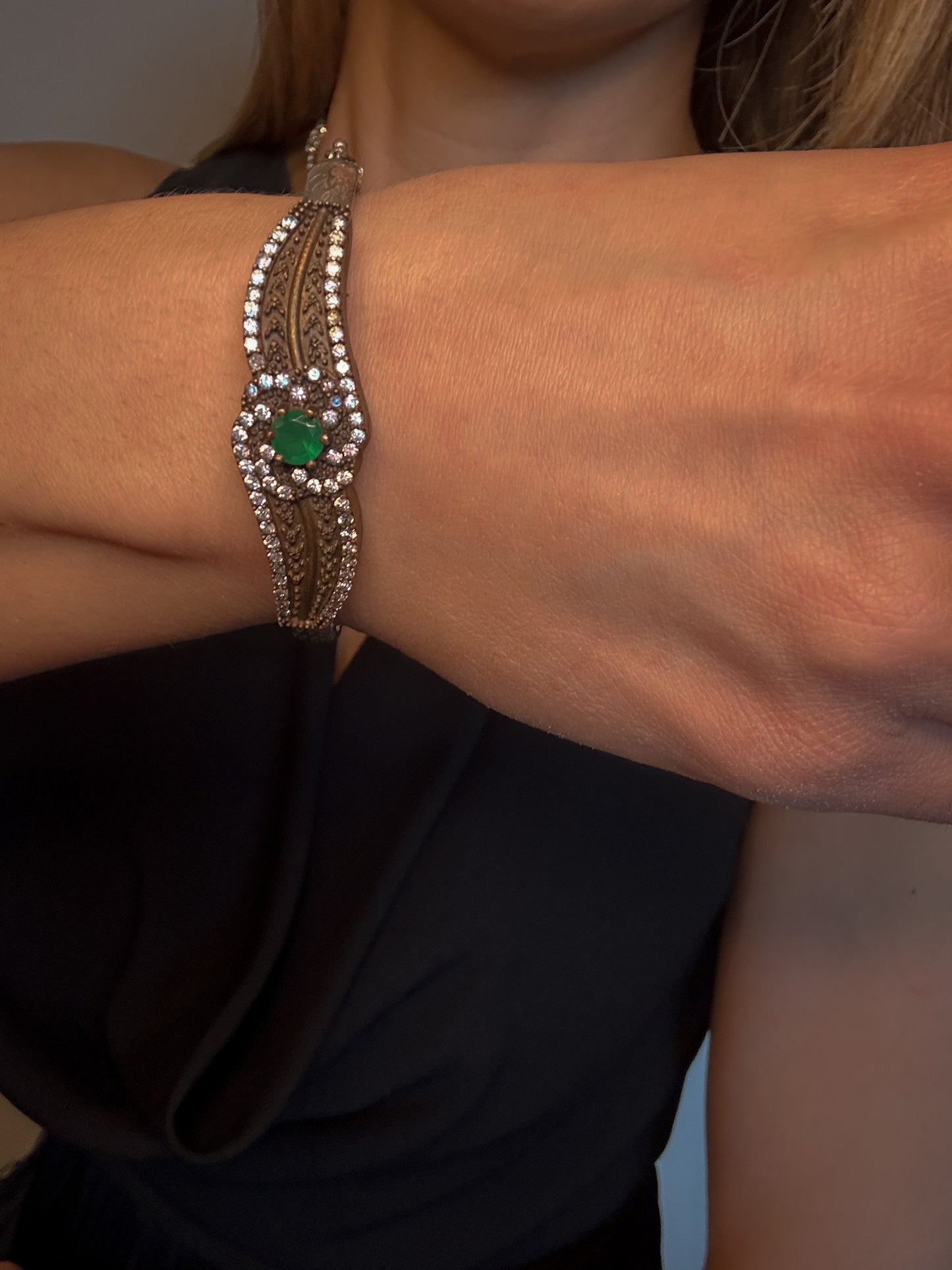 Sterling Silver Jade Bangle with Clear Rhinestones