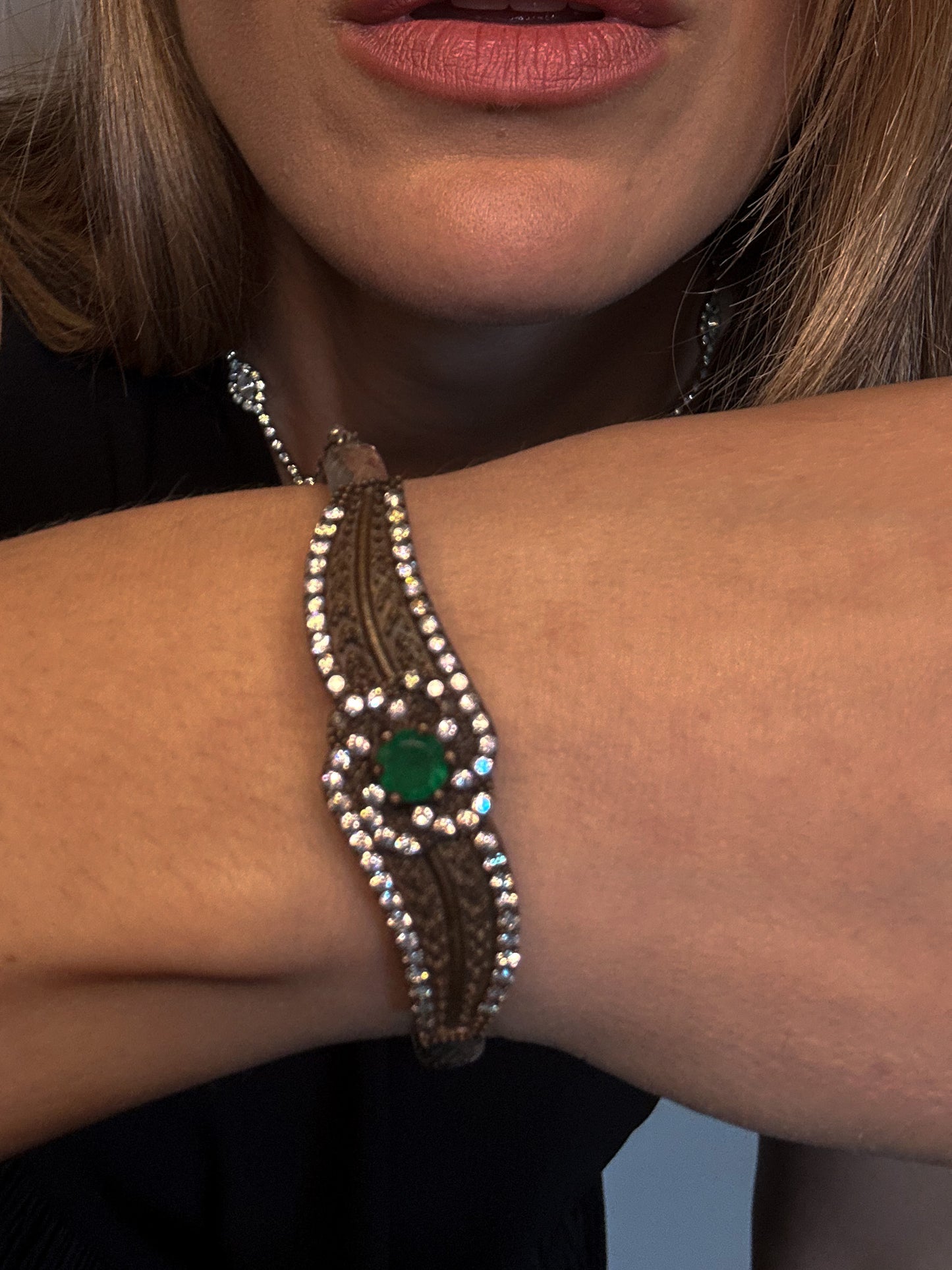 Sterling Silver Jade Bangle with Clear Rhinestones