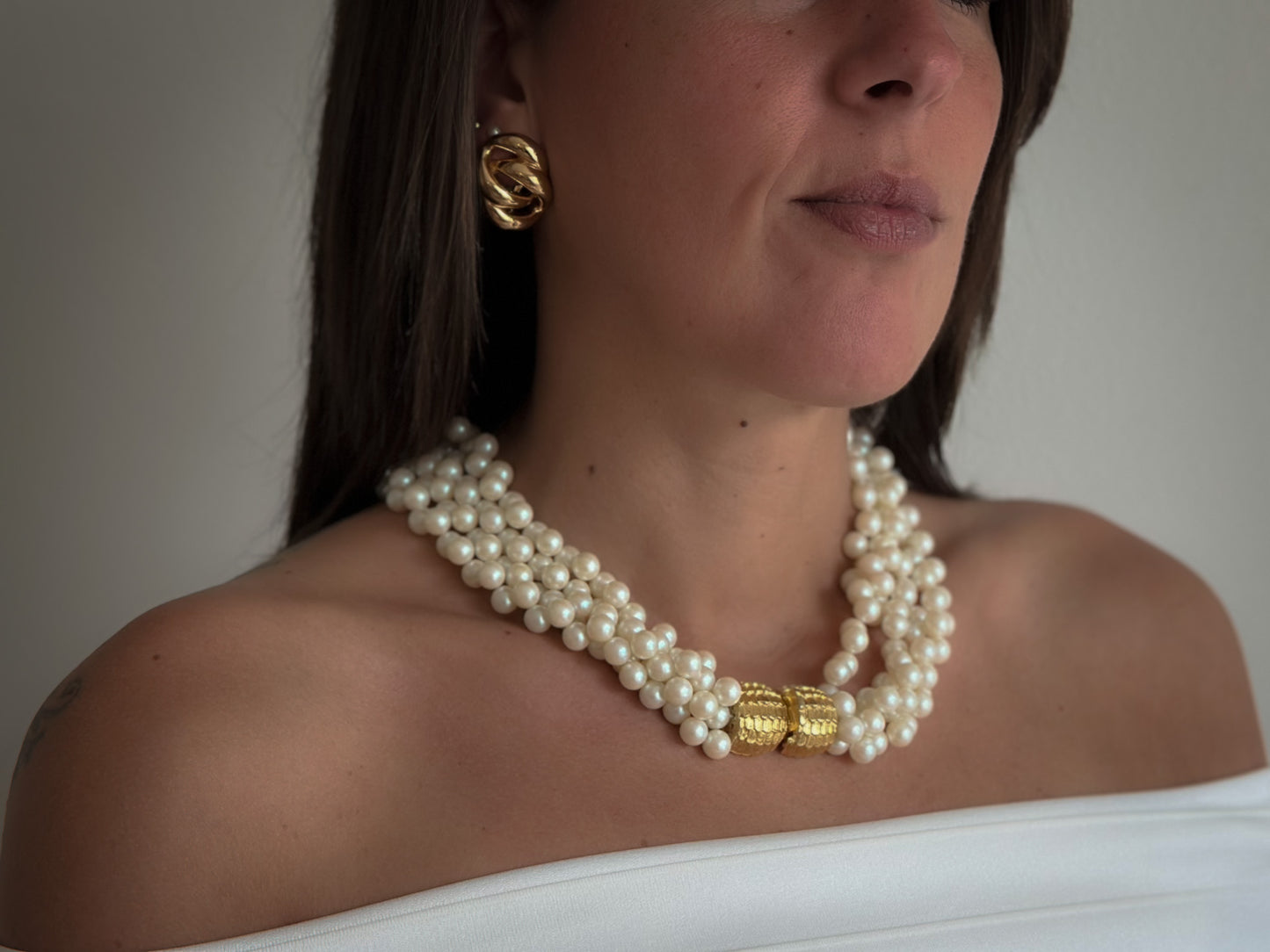 Multi-Strand Faux Pearl Necklace with Gold Clasp