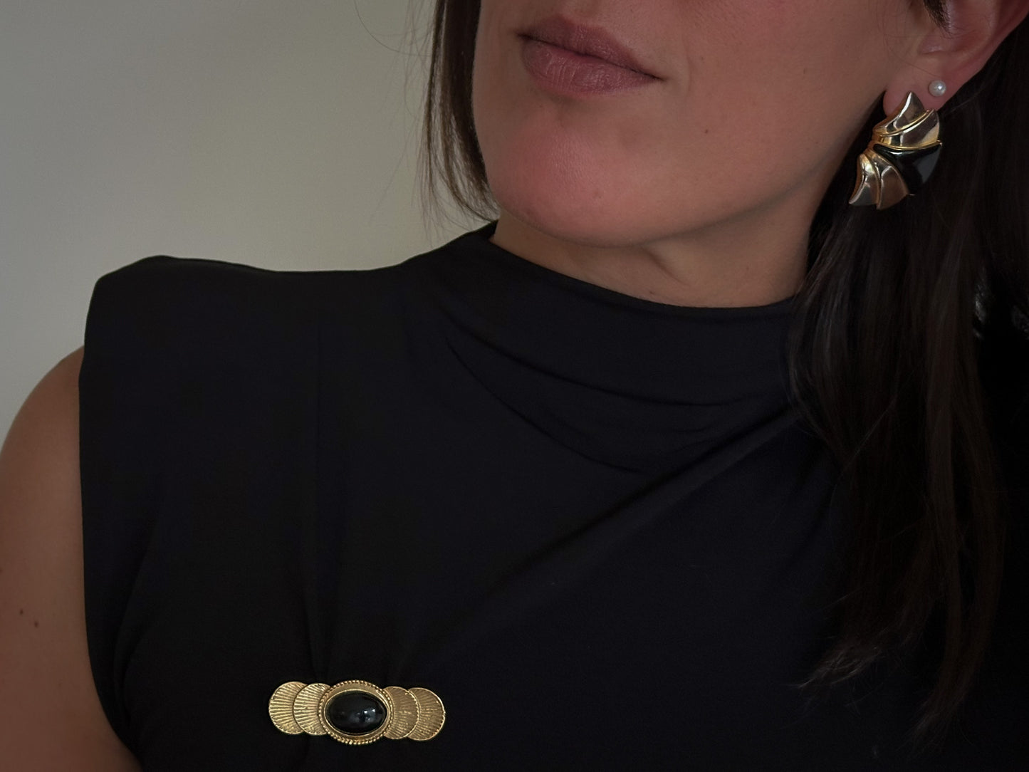 Aiwan Golden Orbit Brooch with Black Stone Center