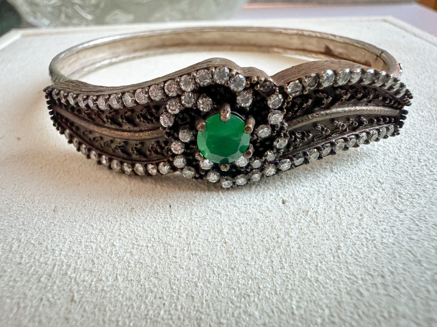 Sterling Silver Jade Bangle with Clear Rhinestones