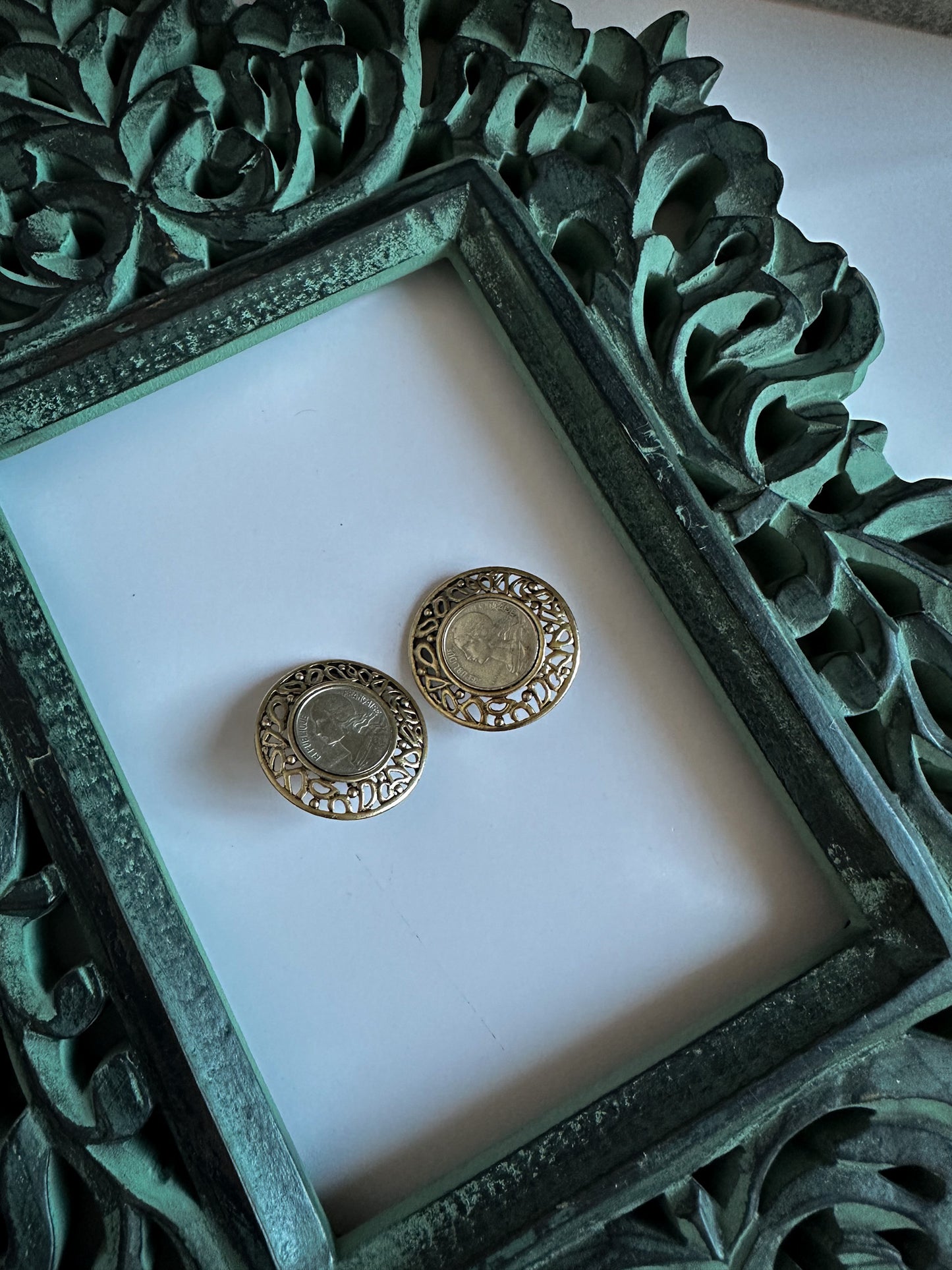 French Coin Clip-On Earrings – Ornate Gold-Tone Filigree